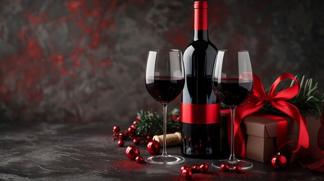 Romantic Valentine's Wine and Gift Still Life - Selective Focus PNG Photos with Matte Dark Gray and Crimson Hues