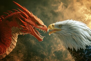 Step into the World of Fantasy with a Face-to-Face Roaring Battle Between a Dragon and Eagle, Where Majestic Wings and Fierce Roars Echo in a Mythical Clash.