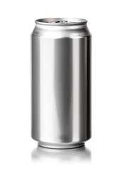 A pristine, blank aluminum can stands isolated against a white background, showcasing its metallic texture and reflective surface. Ideal for product mockups or branding templates.