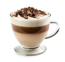 A close-up image of a beautifully layered cappuccino, topped with frothy milk and a sprinkle of cocoa, served in an elegant clear mug.