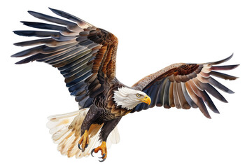 A stunning close-up of a bald eagle in mid-flight, showcasing its powerful wings and intense gaze against a white background.