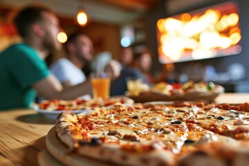 Savoring the Game. Pizza Lovers Enjoying a Bite in a Restaurant with Soccer on TV. 