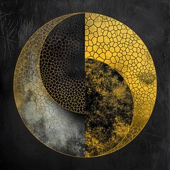 Abstract circular mosaic design with patterns and texture, in gold, white and black 