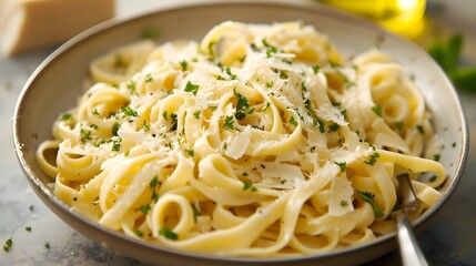 bowl of creamy pasta with fresh herbs and grated Parmesan cheese, showcasing the comfort and indulgence of Italian cuisine