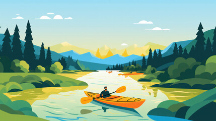 The Serene River: A Tranquil Waterfront Landscape with a Man Rowing in a Cartoon Style Illustration - obrazy, fototapety, plakaty