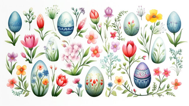 Watercolor style painted illustration with Easter eggs with different designs and patterns, spring flowers on white background. Postcard or banner