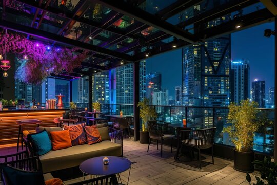 Chic urban rooftop bar with signature drinks and night skyline