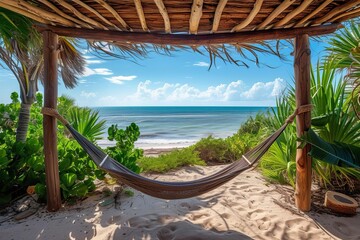 Luxurious beach cabana with private hammocks and ocean breezes