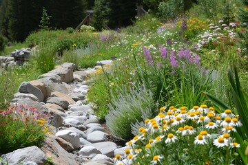 Alpine botanical garden with mountain flora and scenic hiking trails