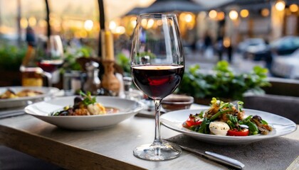 Wine in the restaurant with food and side dishes - obrazy, fototapety, plakaty
