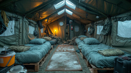 Inside Empty Military Tents with Neatly Arranged Beds