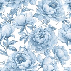 classic pastel blue tone peonies flower in seamless pattern, digital watercolor illustration style