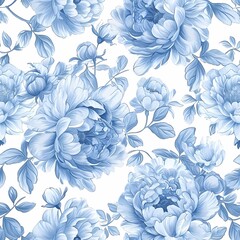 classic pastel blue tone peonies flower in seamless pattern, digital watercolor illustration style