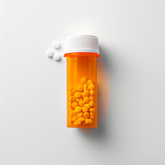 An overhead view of a plastic orange pill bottle isolated on a white background. 