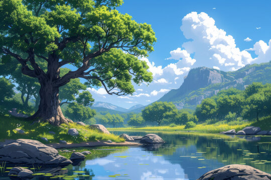 Countryside landscape on a summer afternoon, digital illustration
