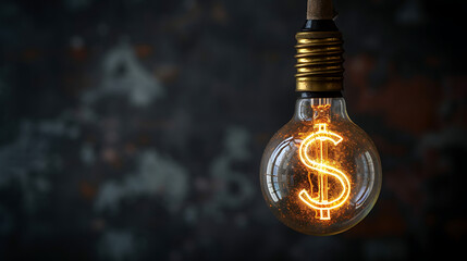 An industrial style lightbulb, with the light shape of a dollar symbol