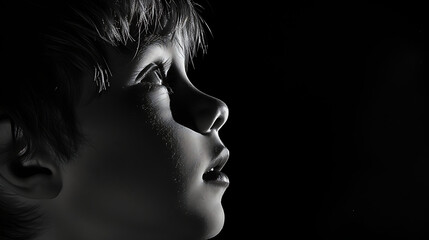 Fototapeta premium Professional side profile portrait of a small boy on a black background