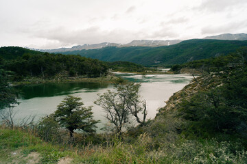 Fototapeta na wymiar Idyllic view of Bahia Lapataia amidst mountains at Tierra del Fuego