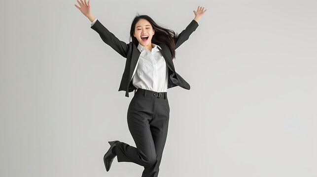 Professional business photography of an attractive brunette Asian woman in a business suit jumping in the air, on a white background