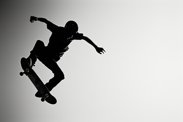 Fototapeta na wymiar A skateboarder's aerial maneuver is frozen in mid-air, capturing the essence of youthful energy and dynamism in a minimalist, high-contrast photo