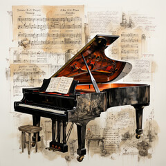sheet music, watercolor style illustration of a baby grand piano, generative ai