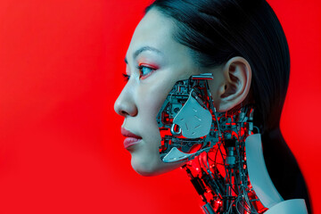 Female Robot covered with an Asian woman's face looking to the left on a red background. 
