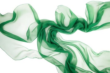 Flying green silk chiffon fabric on a white background. Weightless silk fabric.