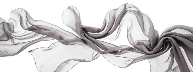Flying gray silk chiffon fabric on a white background. Weightless silk fabric.