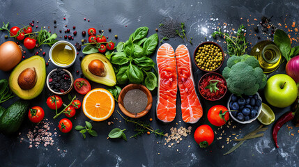 Top view Nutrient rich foods displayed a symphony of health on black background.