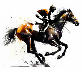 Illustration of racing horse and jockey in derby.