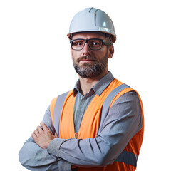 Portrait of a construction worker. Male builder in a helmet. Warehouse worker in uniform on the blurred background. Created using AI generation