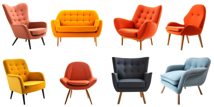 Collection set of retro mid-century modern armchairs cutouts single seat sofas isolated on transparent background.