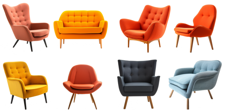 Collection set of retro mid-century modern armchairs cutouts single seat sofas isolated on transparent background.