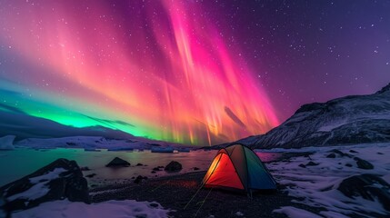 a tent set beneath the enchanting glow of the aurora australis in the Southern Hemisphere