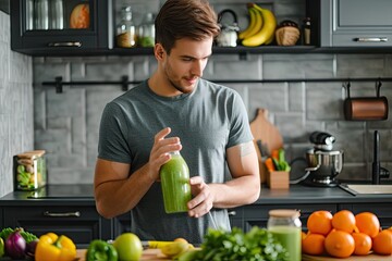Young sporty man on a diet made a smoothie in the kitchen.