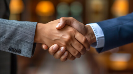 A man and a woman in suits shake hands.