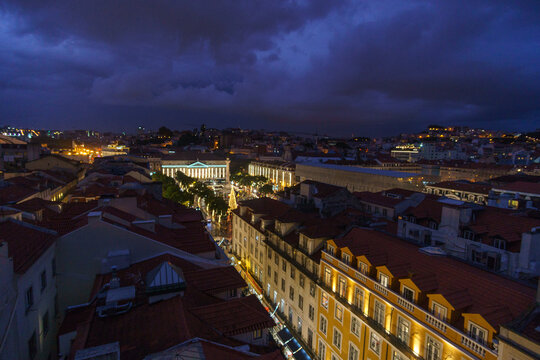 View over the city centre of portuguese capital and Parca Dom Pedro IV during night time, Lisbon, Portugal