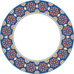 Cute folk floral ornament round frame with copy space. Use for embroidery framing, plate contour, greeting card, invitation, Easter holiday decoration