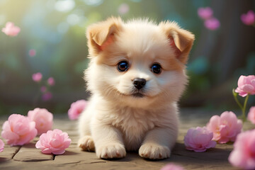 Puppy with pink flower