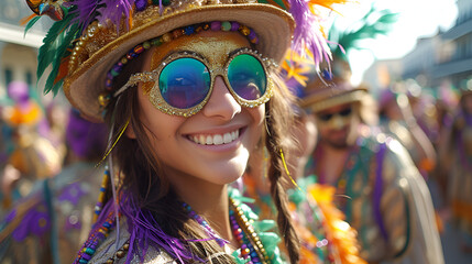 Female having fun at Mardi Gras style festival  - sunglasses - beads - costume