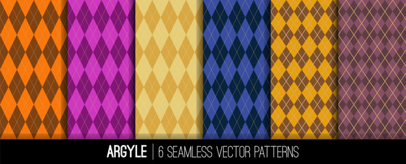 Argyle Seamless Vector Patterns in Navy, Blue, Gold, Burnt Orange and Purple Diamonds with Solid Gold Line. Pack of  Six Harlequin Style Backgrounds. Repeating Pattern Tile Swatches Included. - 721659813