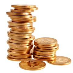 Studio Photography of Gold Bitcoins on a White Background for Cutout Designs, Bitcoin Marketing Photo