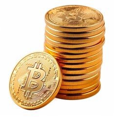 Studio Photography of Gold Bitcoins on a White Background for Cutout Designs, Bitcoin Marketing Photo
