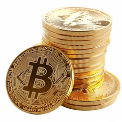 Studio Photography of Gold Bitcoins on a White Background for Cutout Designs, Bitcoin Marketing Photo