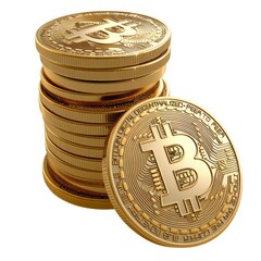 Studio Photography of Gold Bitcoins on a White Background for Cutout Designs, Bitcoin Marketing Photo