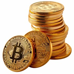 Studio Photography of Gold Bitcoins on a White Background for Cutout Designs, Bitcoin Marketing Photo