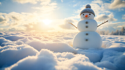 Obraz premium 可愛い雪だるまが冬の暖かい挨拶をしてくれるイメージ。クリスマス、冬の雰囲気演出。