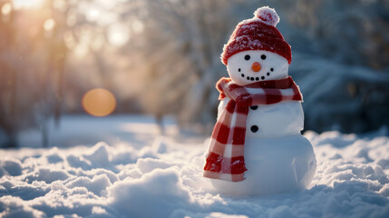 可愛い雪だるまが冬の暖かい挨拶をしてくれるイメージ。クリスマス、冬の雰囲気演出。 - obrazy, fototapety, plakaty