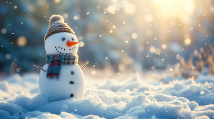 Fototapeta premium 可愛い雪だるまが冬の暖かい挨拶をしてくれるイメージ。クリスマス、冬の雰囲気演出。