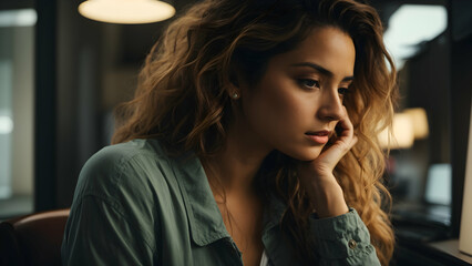 Fototapeta premium In bright modern office, a 35 years old beautiful hispanic businesswoman looking down, said mood, worried. 